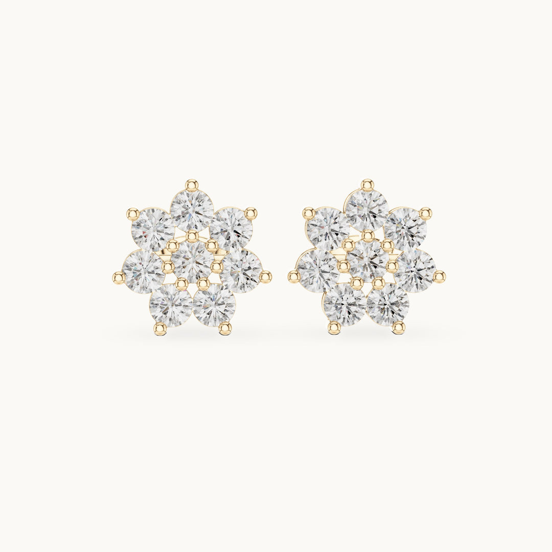 Round lab-grown diamond eight-stone flower cluster stud earrings in yellow gold, 2.64 CT TW, view 4
