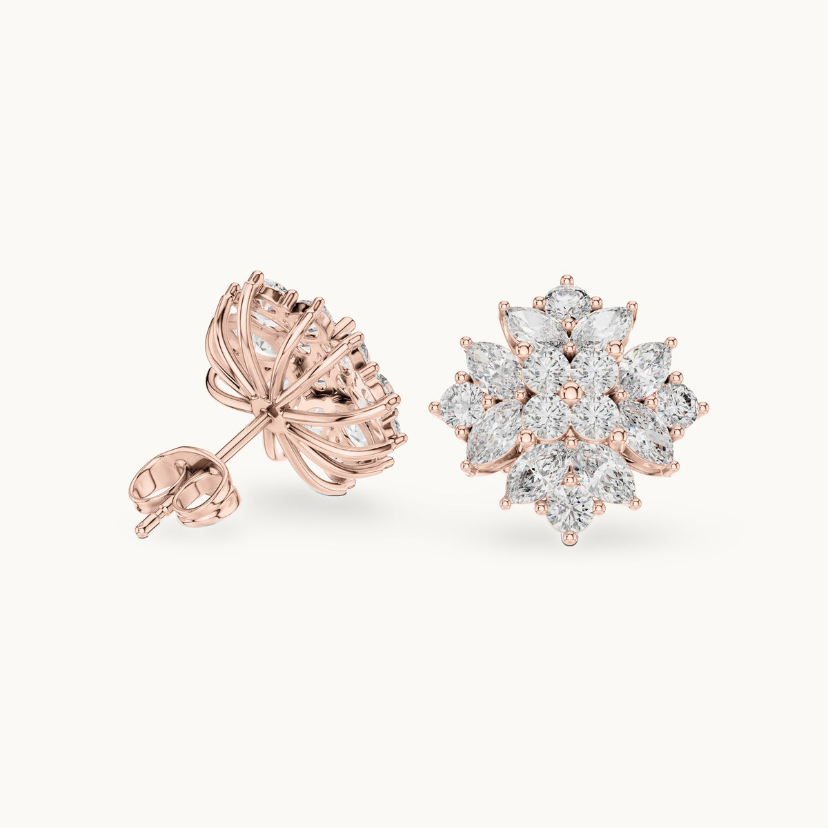 Marquise and round lab-grown diamond starburst cluster stud earrings in rose gold, 2.60 CT TW, view 1
