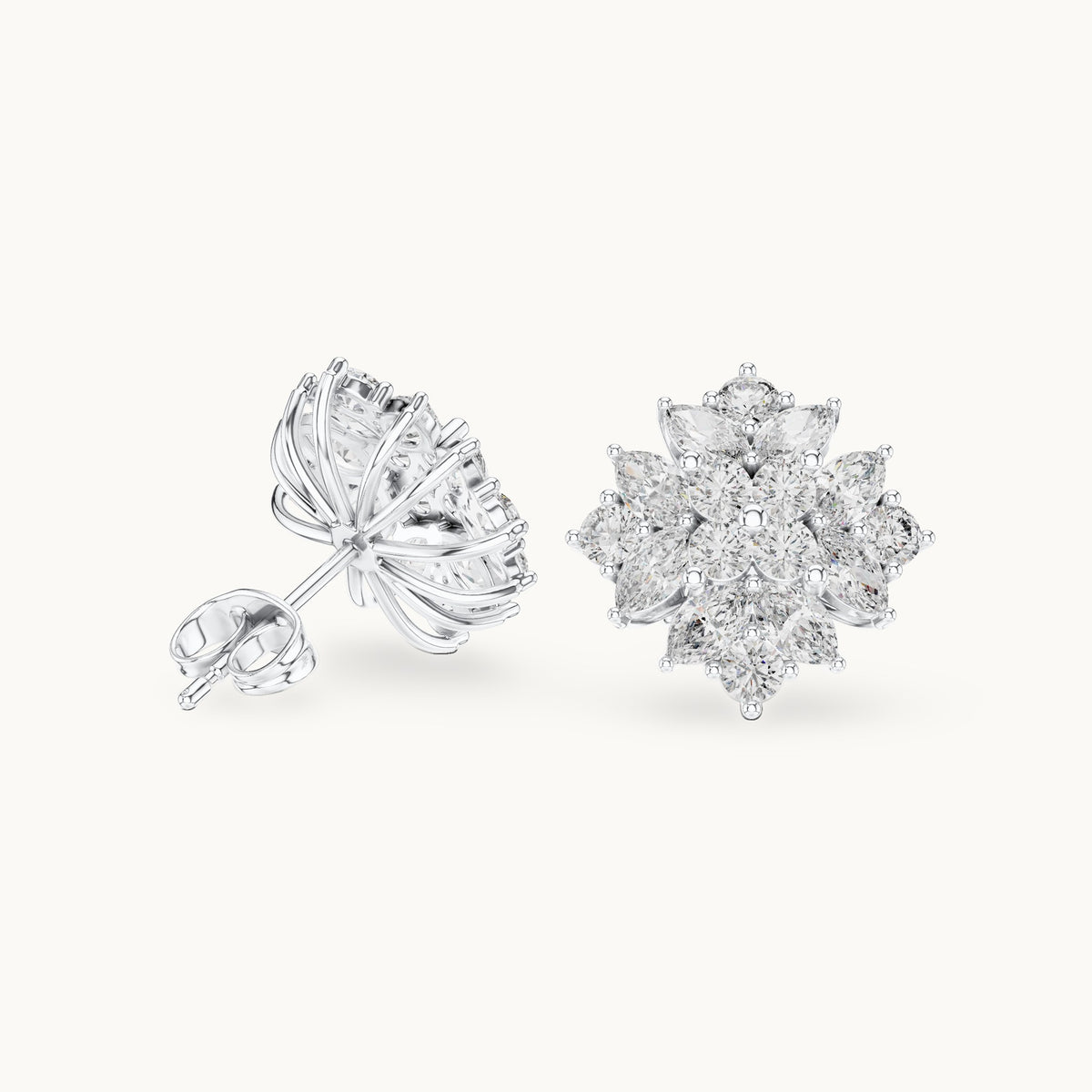 Marquise and round lab-grown diamond starburst cluster stud earrings in white gold, 2.60 CT TW, view 1