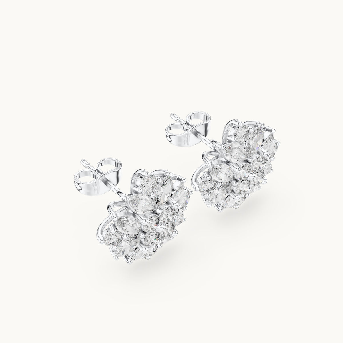 Marquise and round lab-grown diamond starburst cluster stud earrings in white gold, 2.60 CT TW, view 2