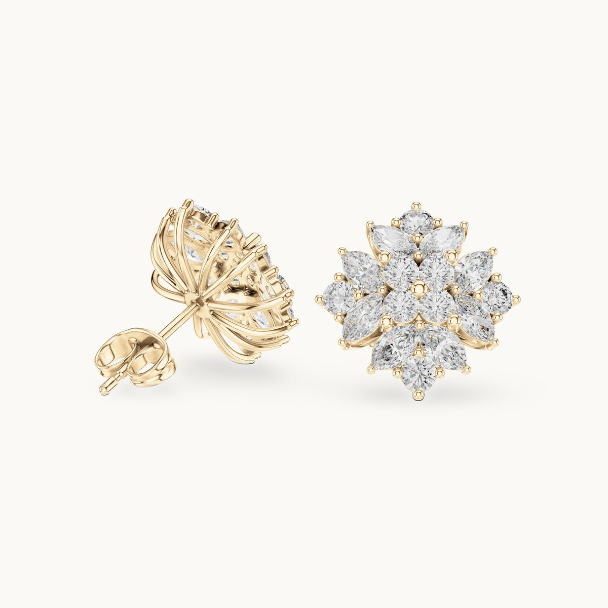 Marquise and round lab-grown diamond starburst cluster stud earrings in yellow gold, 2.60 CT TW, view 1