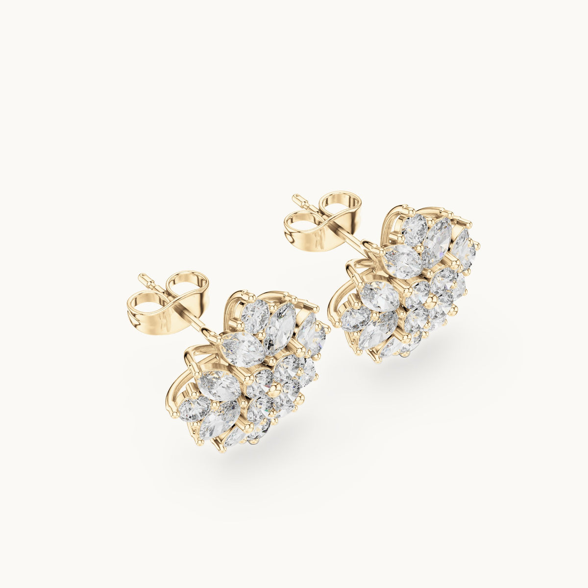 Marquise and round lab-grown diamond starburst cluster stud earrings in yellow gold, 2.60 CT TW, view 2