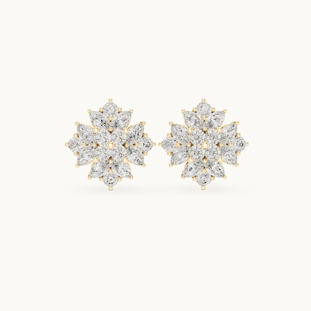 Marquise and round lab-grown diamond starburst cluster stud earrings in yellow gold, 2.60 CT TW, view 4
