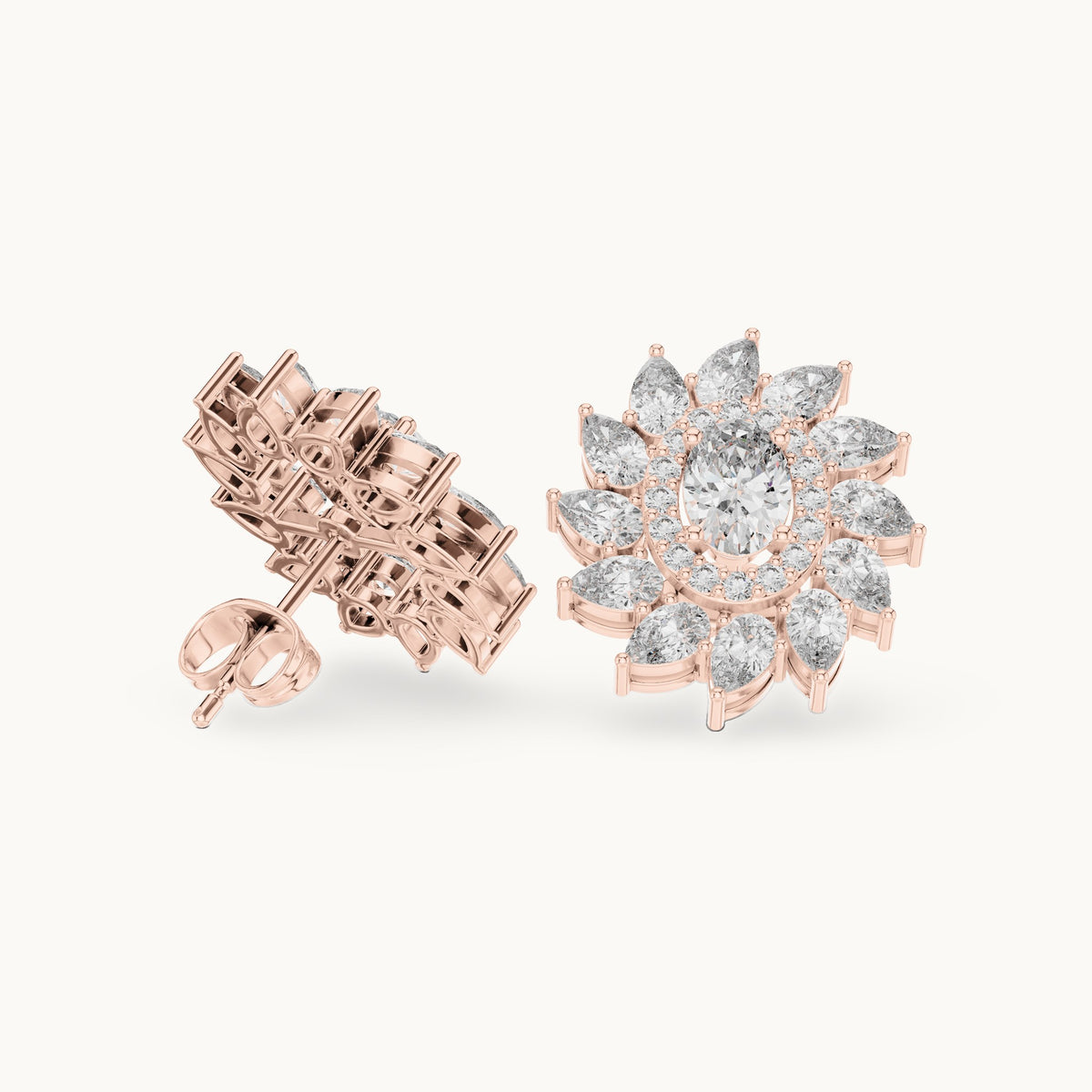 Oval and pear lab-grown diamond petal halo stud earrings in rose gold, 3.39 CT TW, view 1