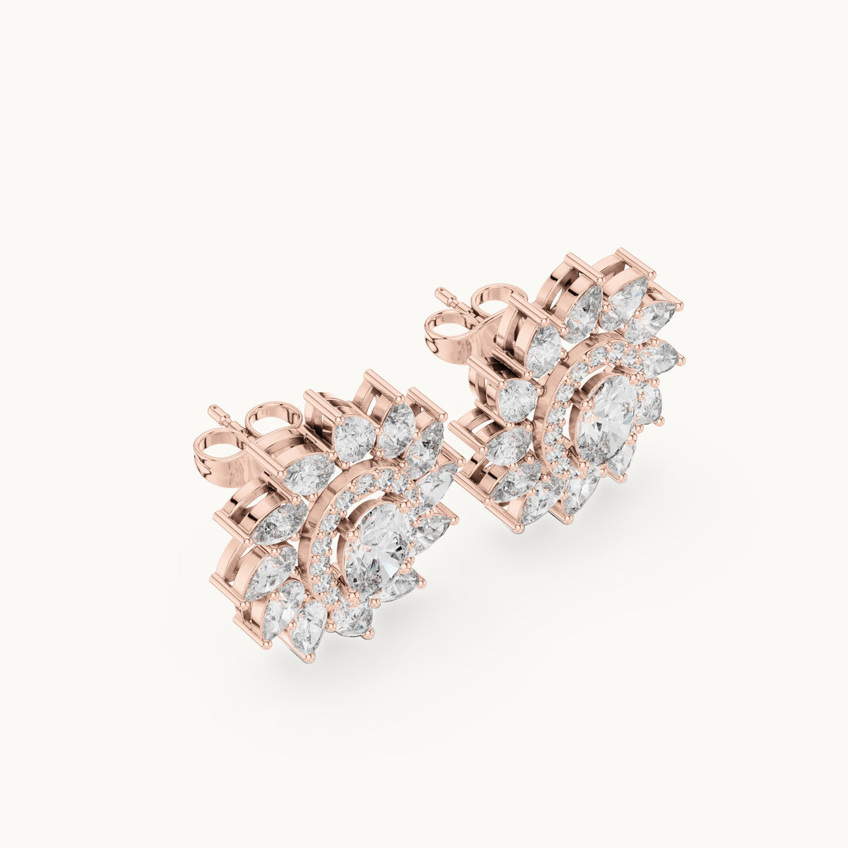 Oval and pear lab-grown diamond petal halo stud earrings in rose gold, 3.39 CT TW, view 2