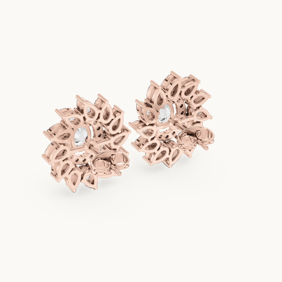 Oval and pear lab-grown diamond petal halo stud earrings in rose gold, 3.39 CT TW, view 3