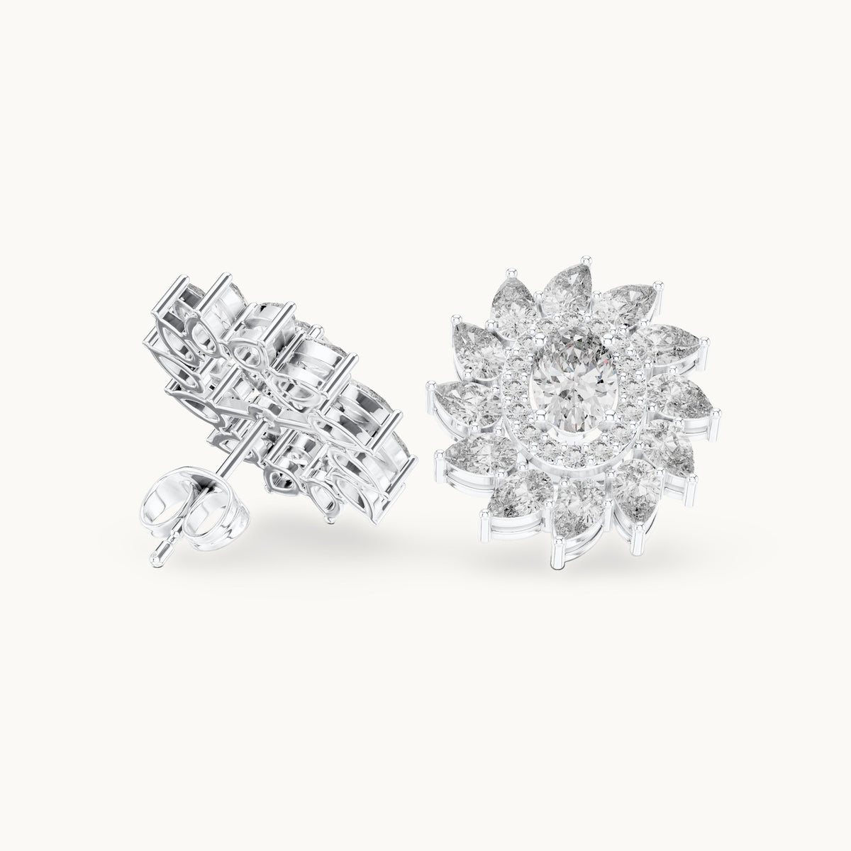 Oval and pear lab-grown diamond petal halo stud earrings in white gold, 3.39 CT TW, view 1