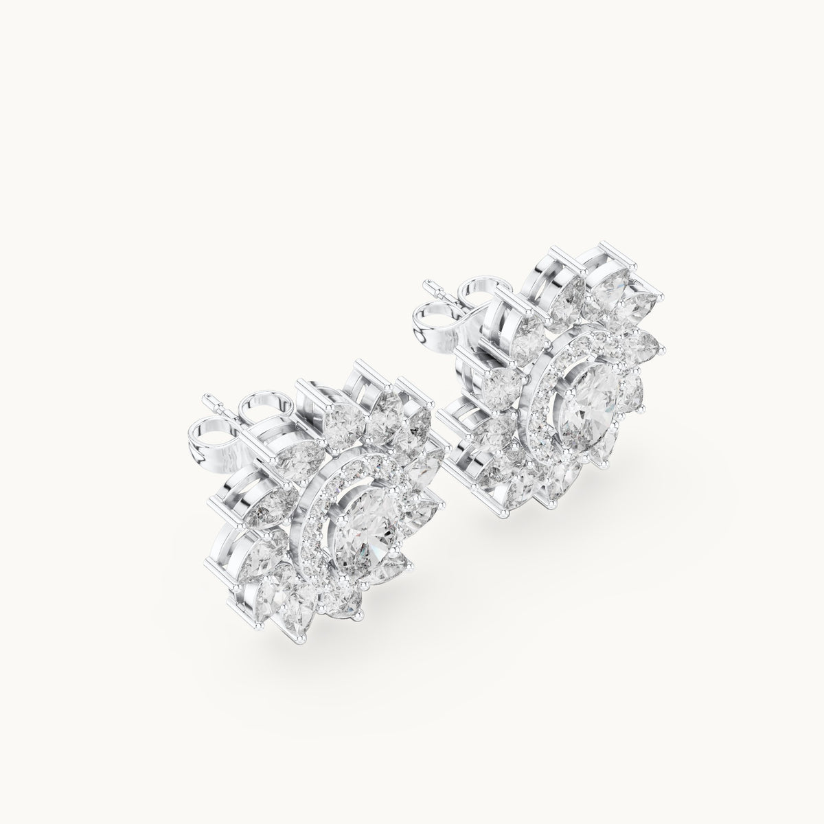 Oval and pear lab-grown diamond petal halo stud earrings in white gold, 3.39 CT TW, view 2