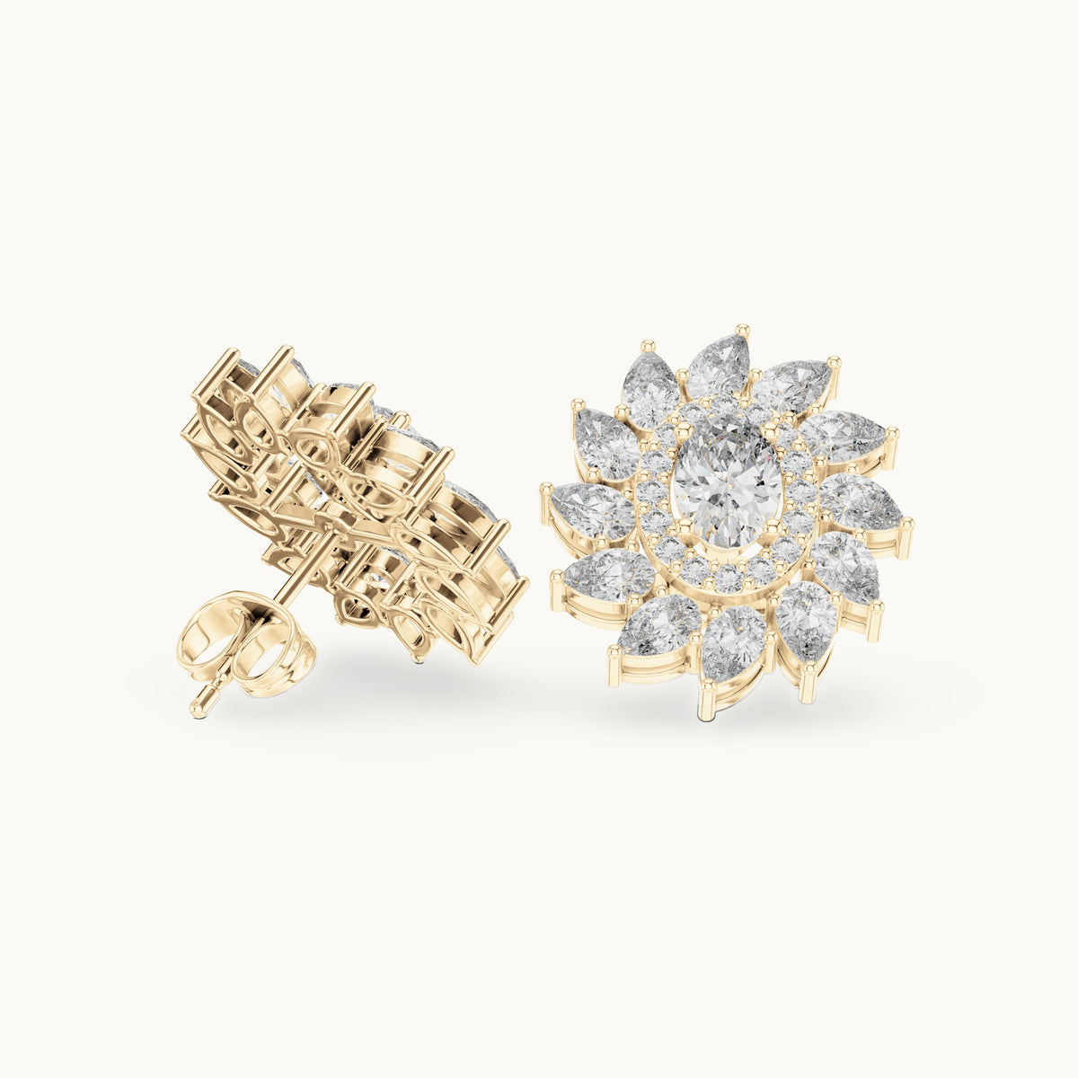 Oval and pear lab-grown diamond petal halo stud earrings in yellow gold, 3.39 CT TW, view 1