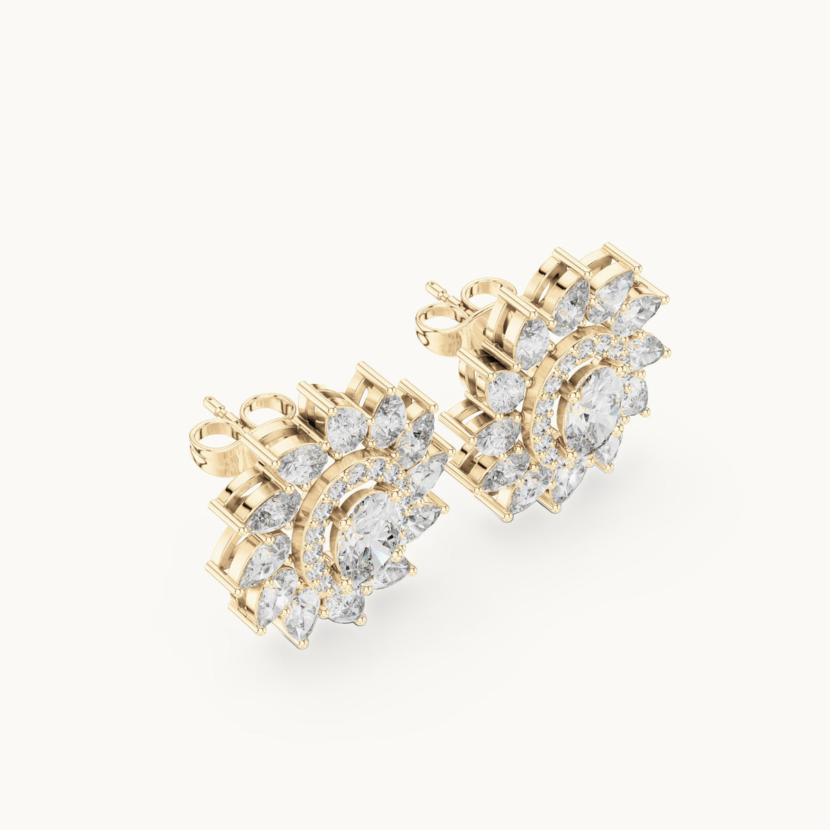 Oval and pear lab-grown diamond petal halo stud earrings in yellow gold, 3.39 CT TW, view 2