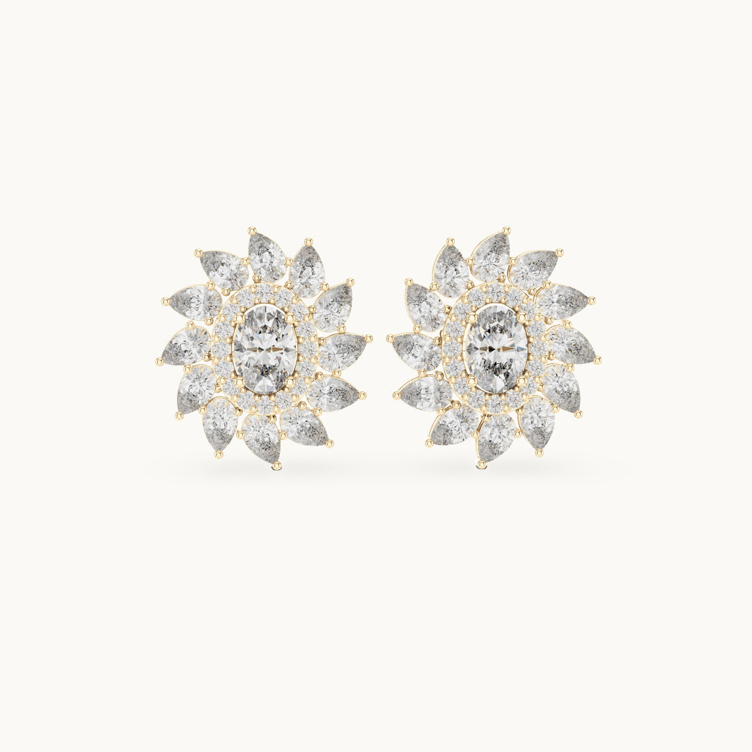 Oval and pear lab-grown diamond petal halo stud earrings in yellow gold, 3.39 CT TW, view 4