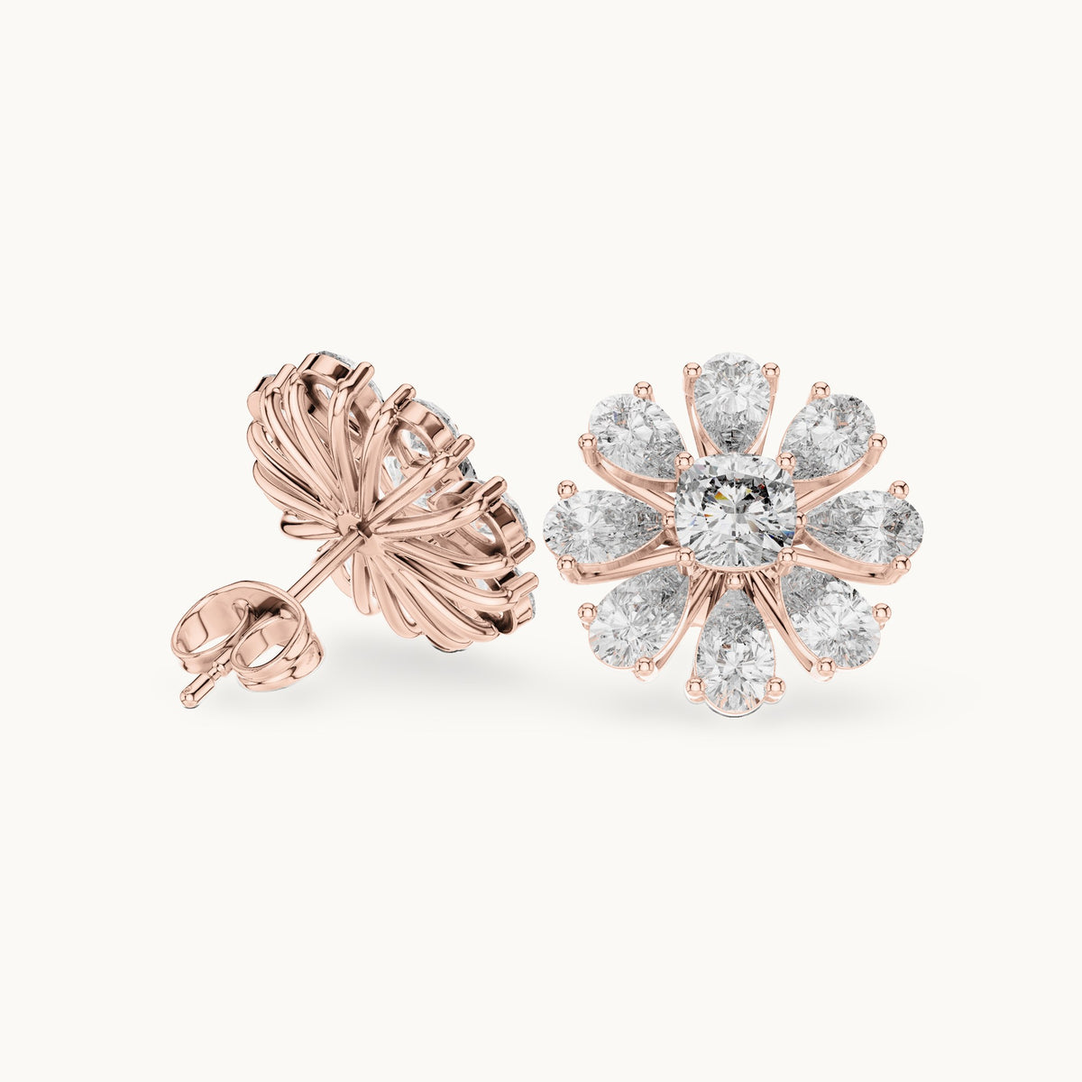 Pear and cushion-cut lab-grown diamond flower stud earrings in rose gold, 3.40 CT TW, view 1