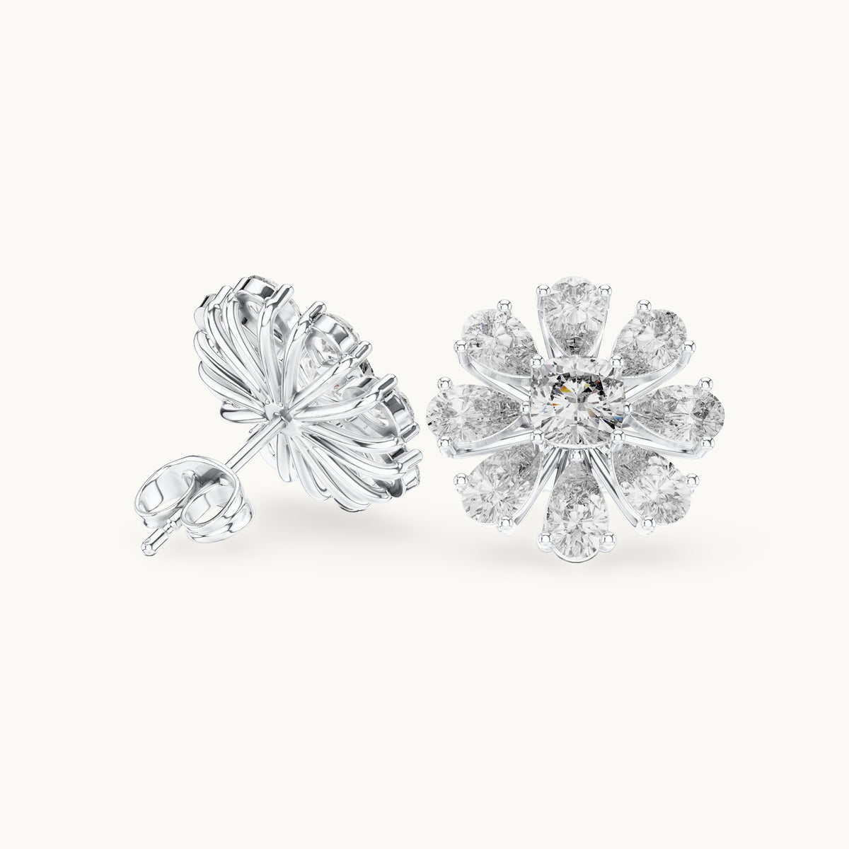 Pear and cushion-cut lab-grown diamond flower stud earrings in white gold, 3.40 CT TW, view 1