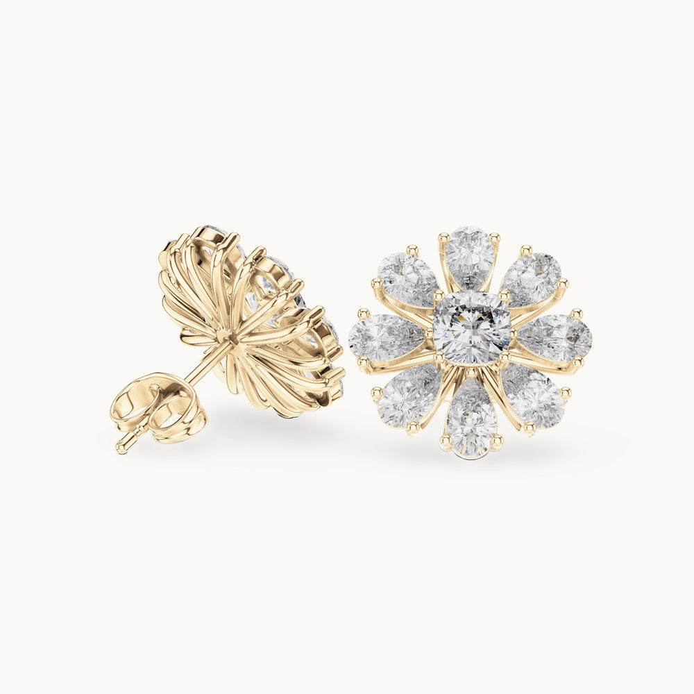 Pear and cushion-cut lab-grown diamond flower stud earrings in yellow gold, 3.40 CT TW, view 1