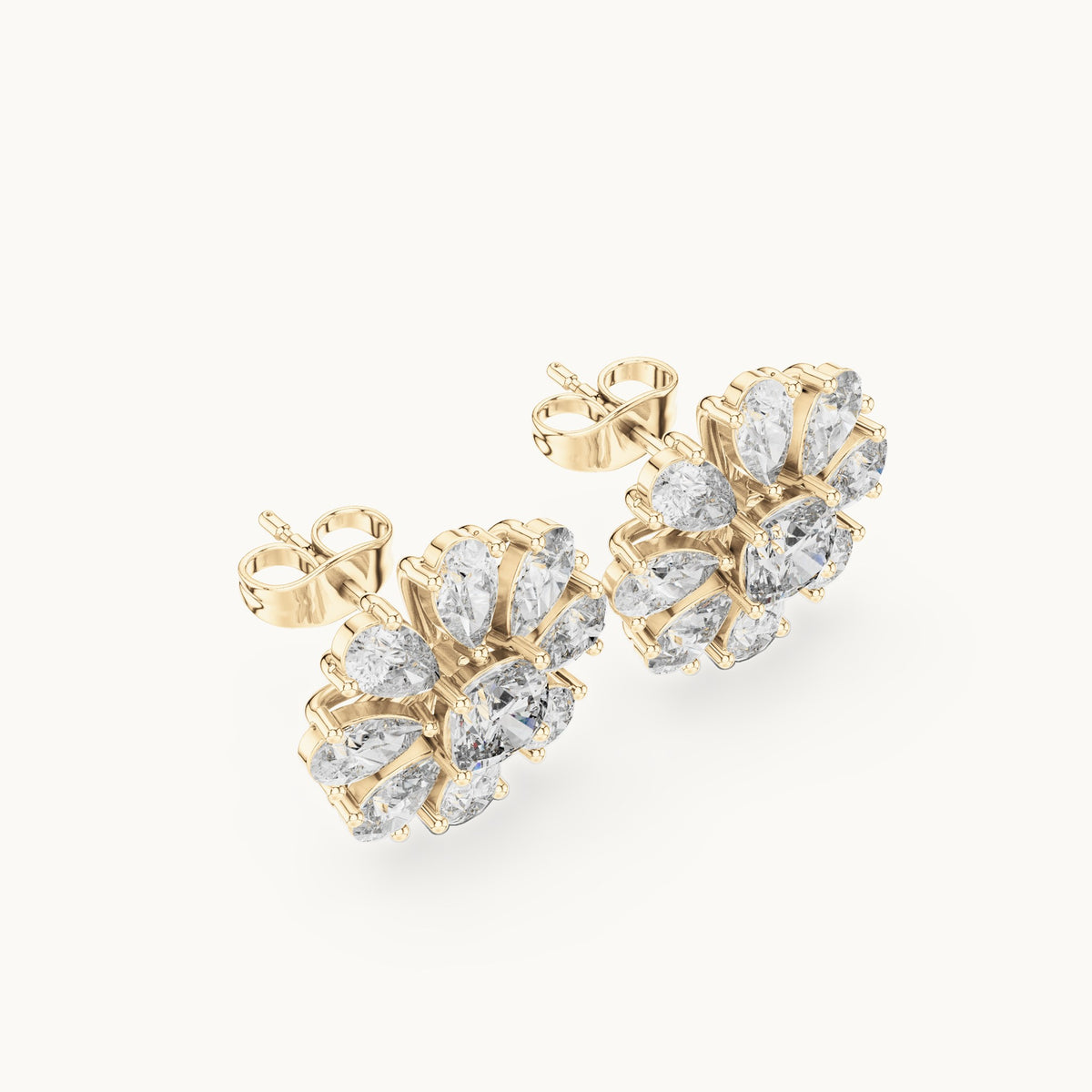 Pear and cushion-cut lab-grown diamond flower stud earrings in yellow gold, 3.40 CT TW, view 2