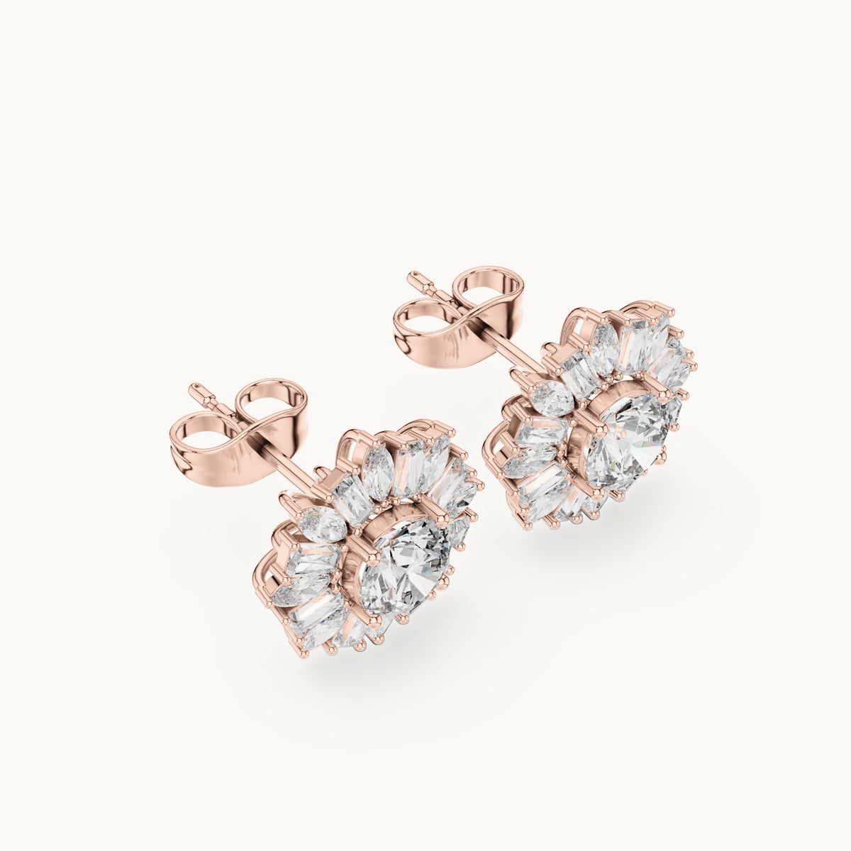Round, baguette and marquise lab-grown diamond starburst cluster stud earrings in rose gold, 1.99 CT TW, view 2