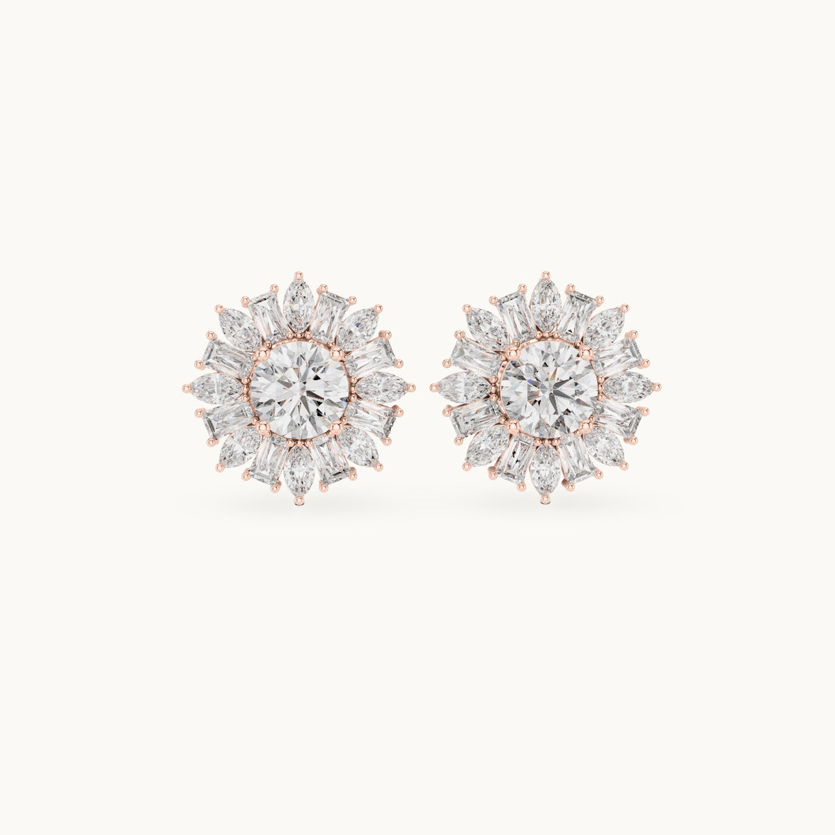 Round, baguette and marquise lab-grown diamond starburst cluster stud earrings in rose gold, 1.99 CT TW, view 4