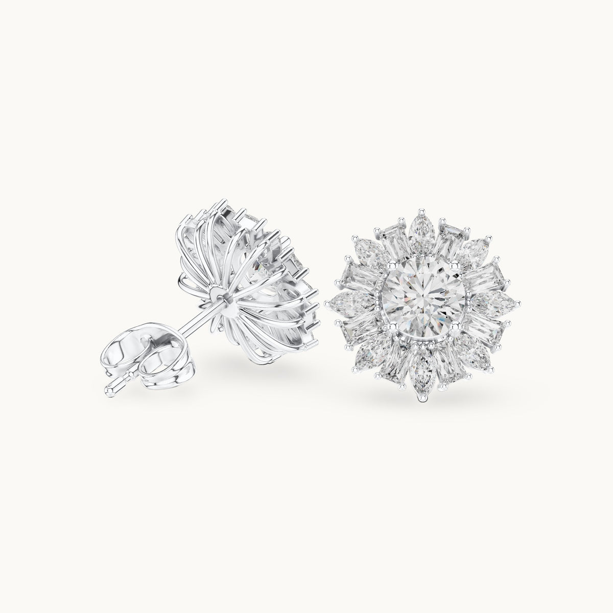Round, baguette and marquise lab-grown diamond starburst cluster stud earrings in white gold, 1.99 CT TW, view 1
