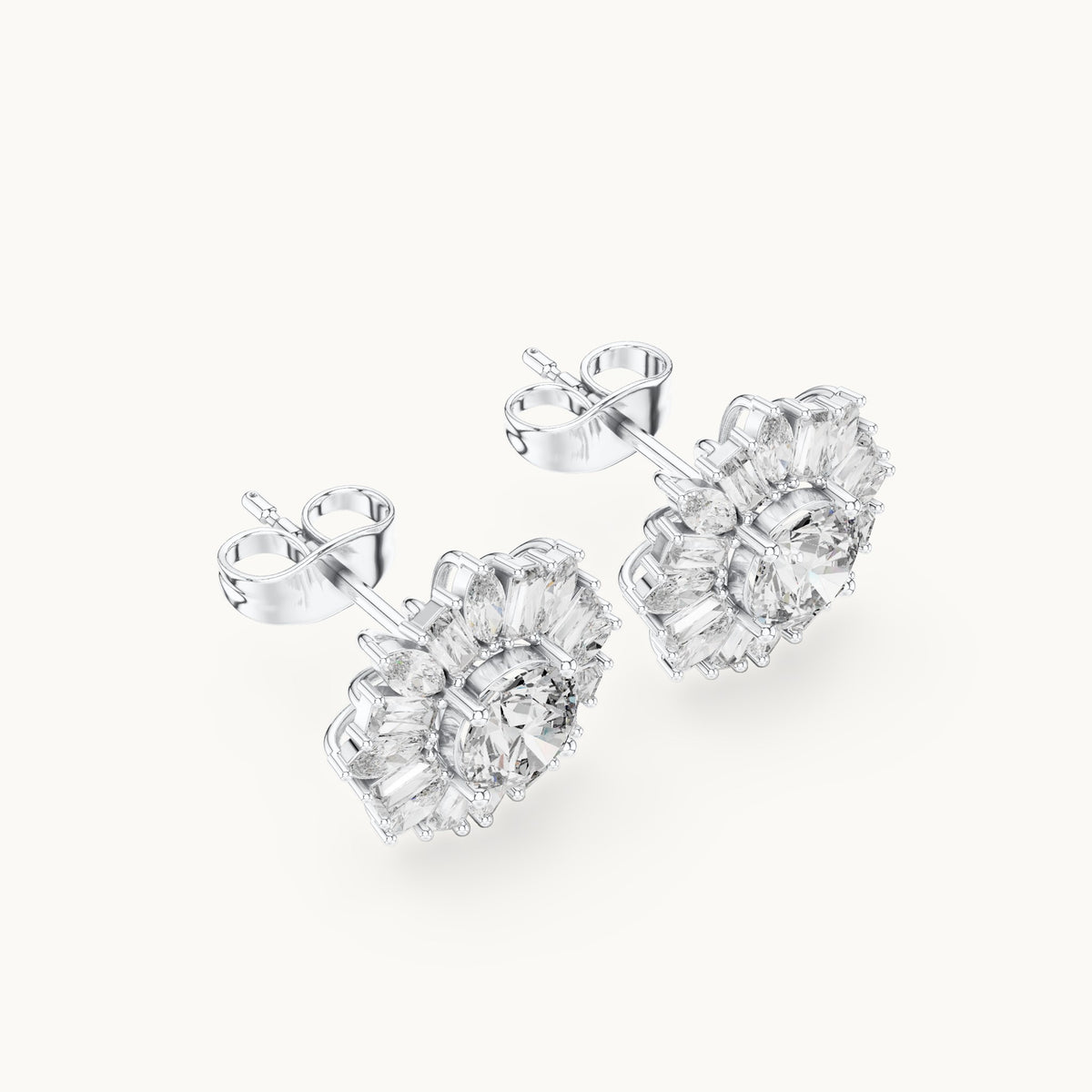 Round, baguette and marquise lab-grown diamond starburst cluster stud earrings in white gold, 1.99 CT TW, view 2