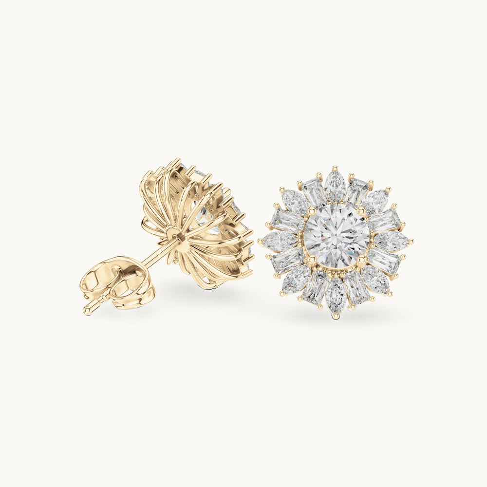 Round, baguette and marquise lab-grown diamond starburst cluster stud earrings in yellow gold, 1.99 CT TW, view 1