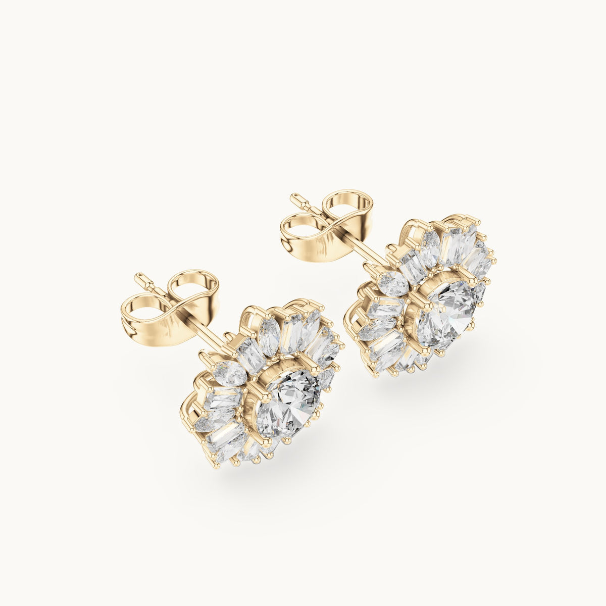 Round, baguette and marquise lab-grown diamond starburst cluster stud earrings in yellow gold, 1.99 CT TW, view 2