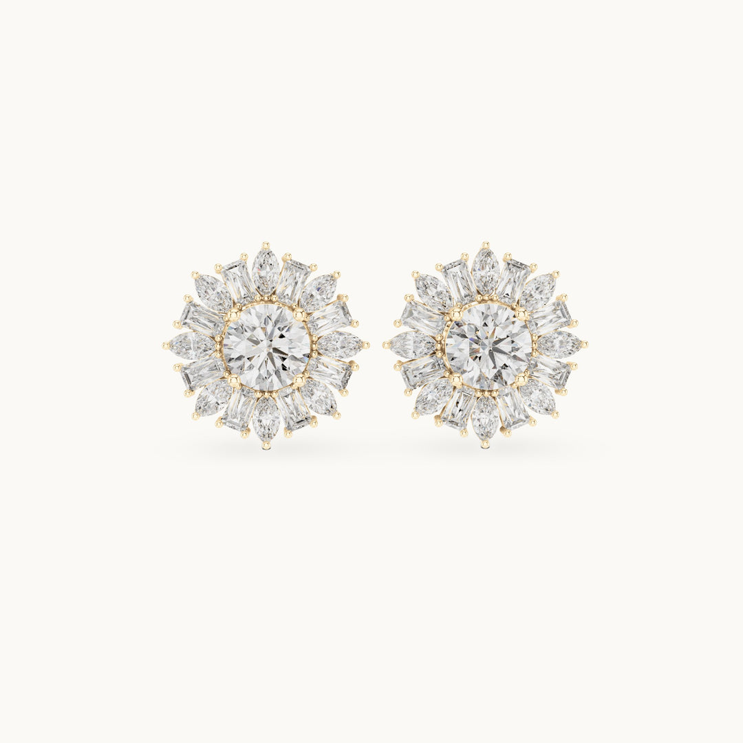 Round, baguette and marquise lab-grown diamond starburst cluster stud earrings in yellow gold, 1.99 CT TW, view 4