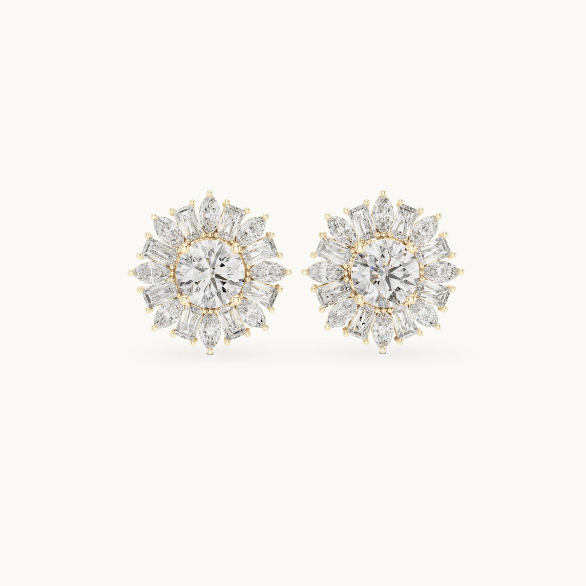 Round, baguette and marquise lab-grown diamond starburst cluster stud earrings in yellow gold, 1.99 CT TW, view 4