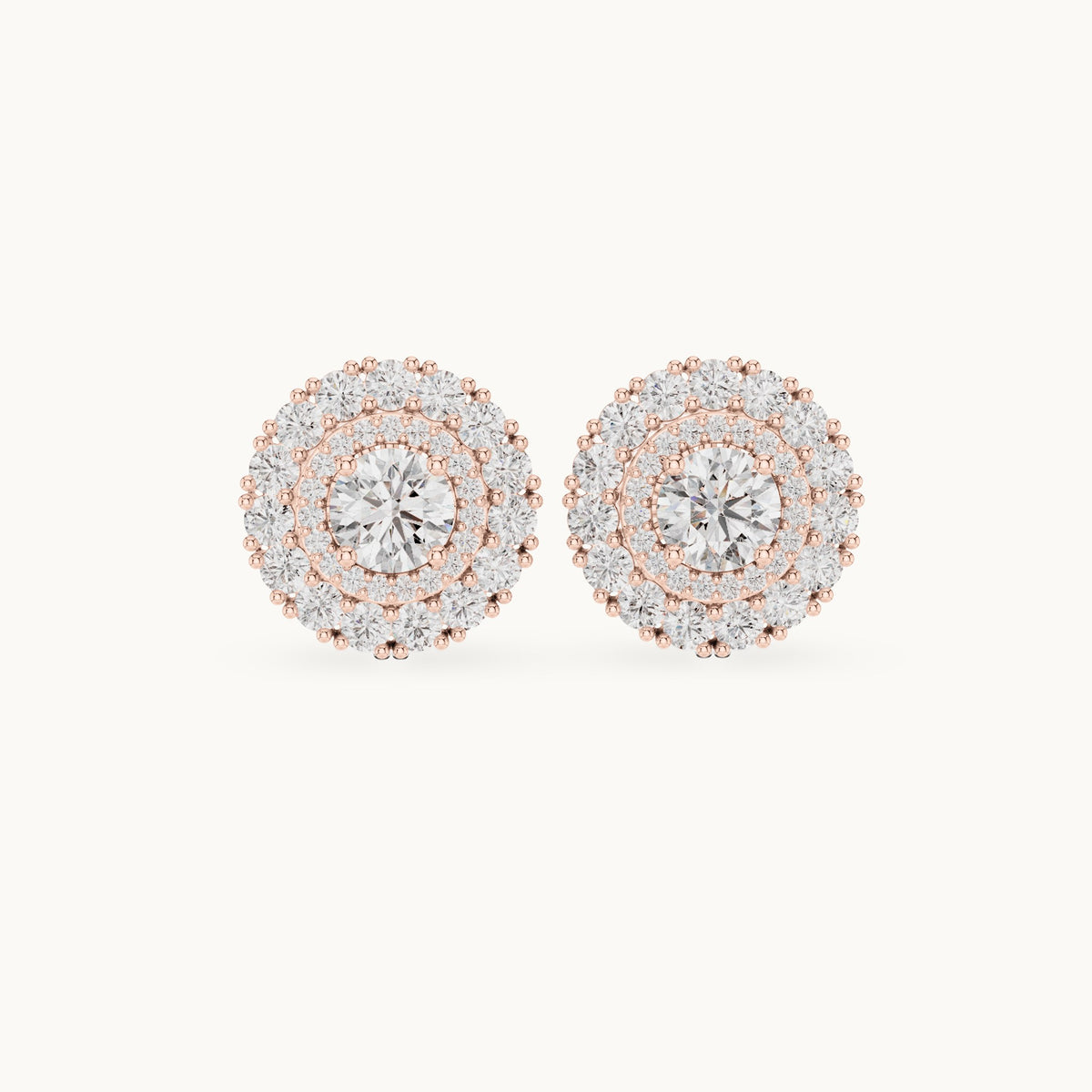 Round lab-grown diamond double halo stud earrings in rose gold, 2.24 CT TW, view 4