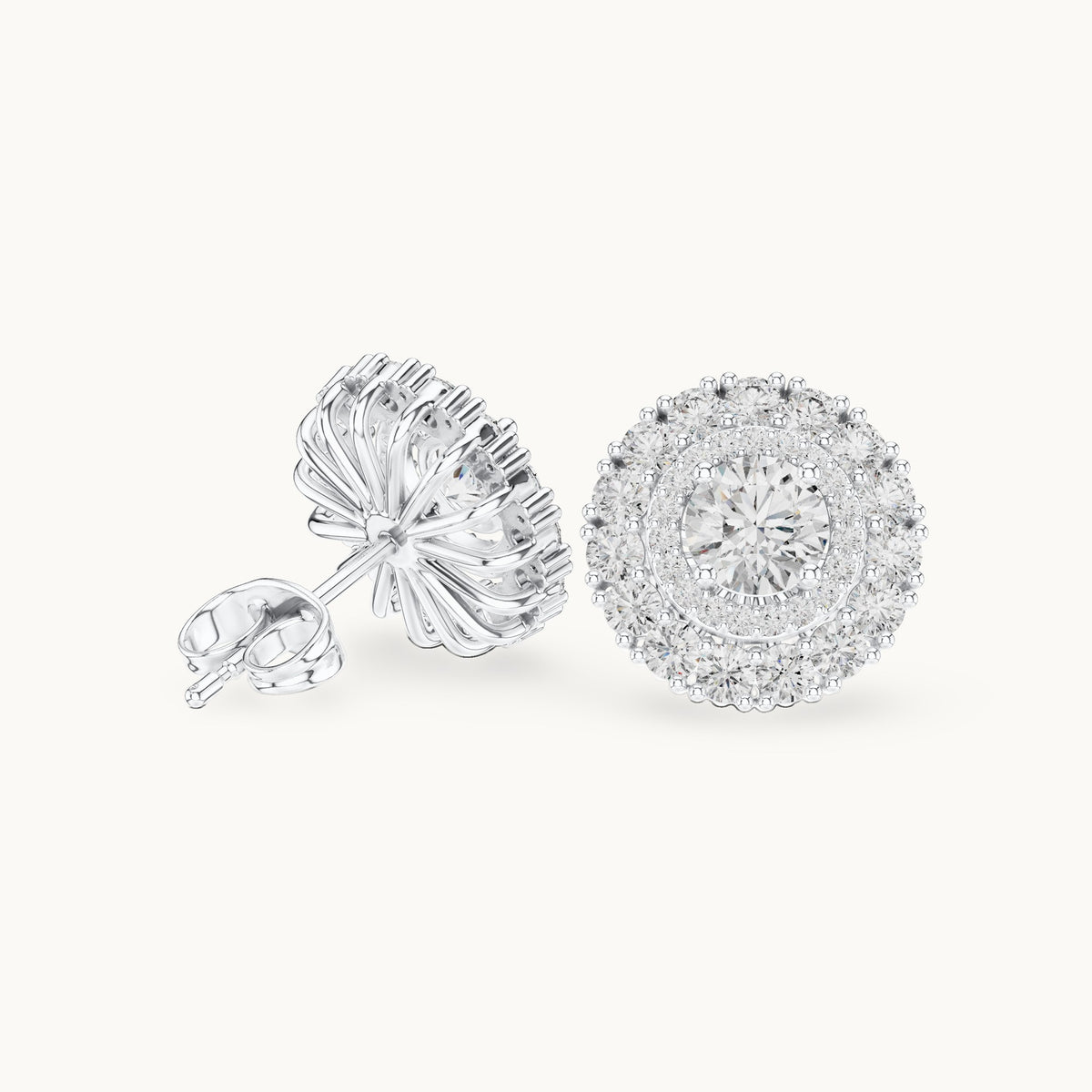 Round lab-grown diamond double halo stud earrings in white gold, 2.24 CT TW, view 1