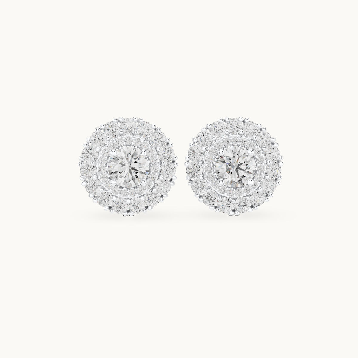 Round lab-grown diamond double halo stud earrings in white gold, 2.24 CT TW, view 4
