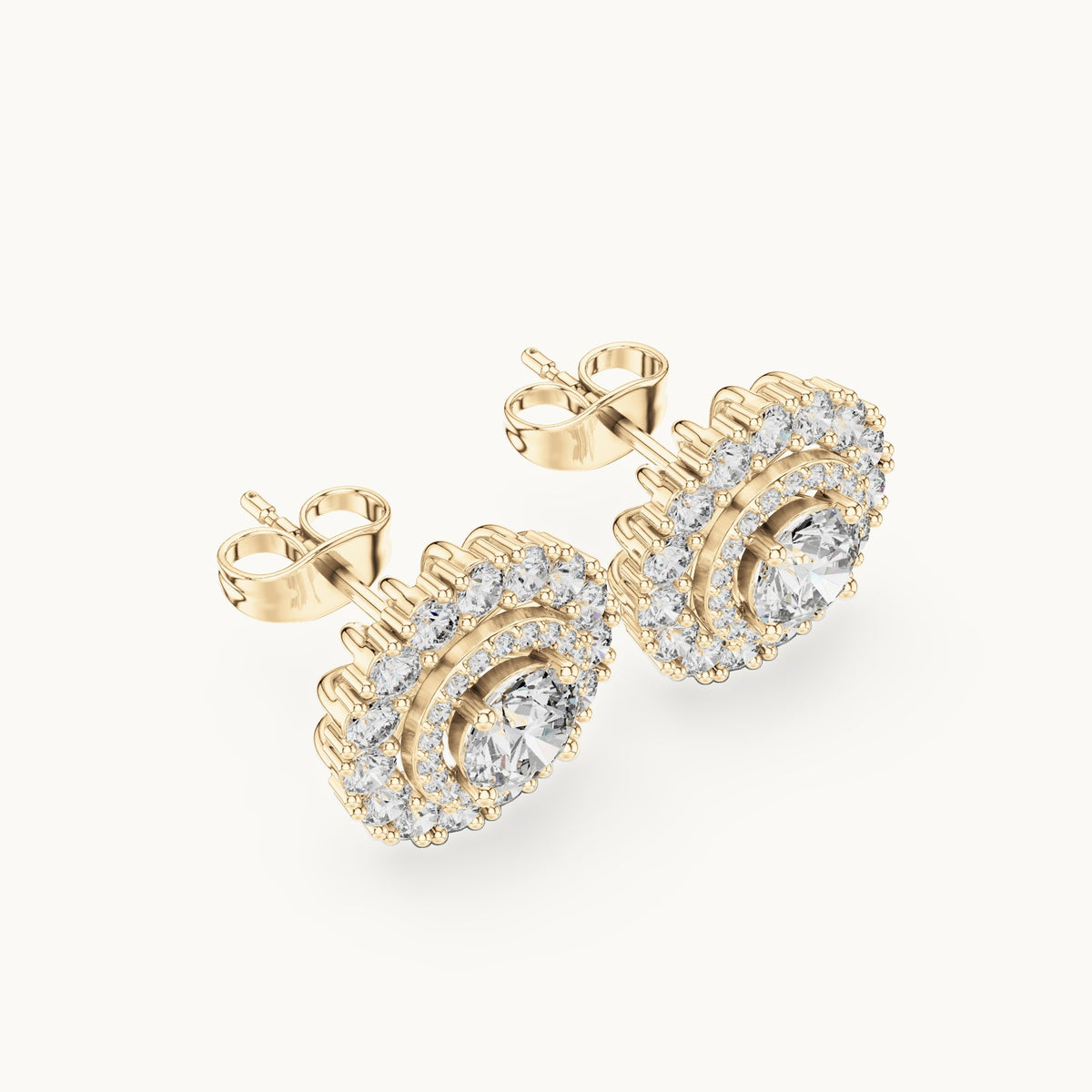Round lab-grown diamond double halo stud earrings in yellow gold, 2.24 CT TW, view 2