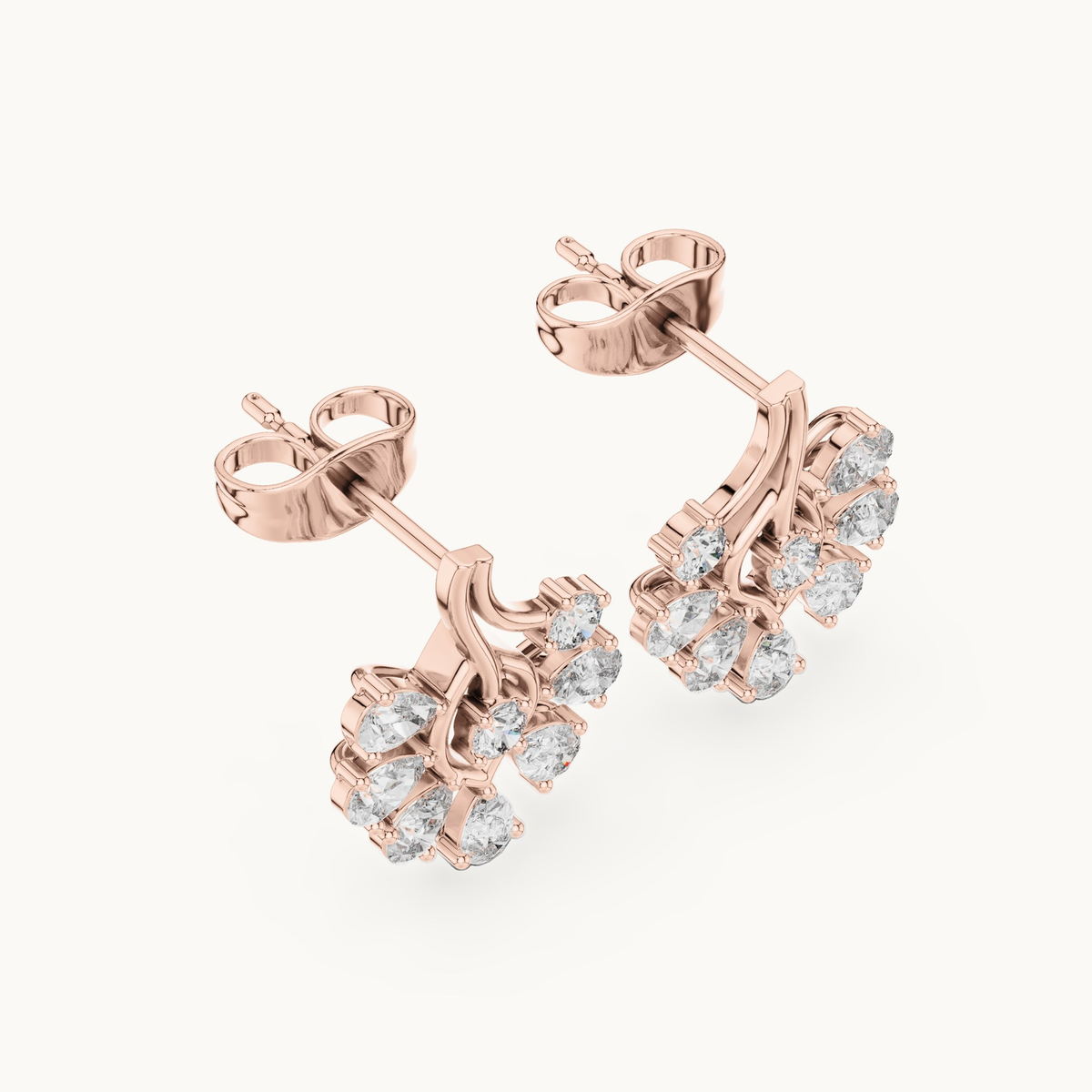 Pear and round lab-grown diamond flower cluster stud earrings in 14K rose gold, 0.64 CT TW, view 2