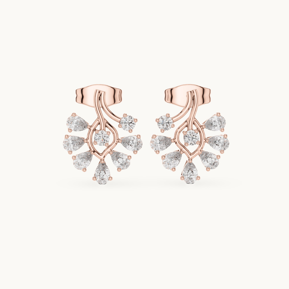 Pear and round lab-grown diamond flower cluster stud earrings in 14K rose gold, 0.64 CT TW, view 4