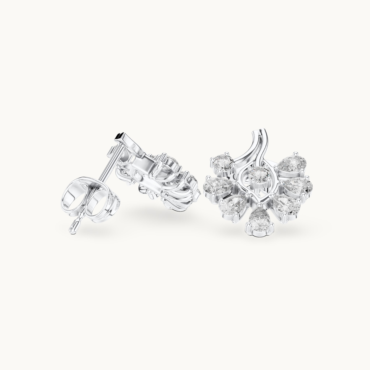 Pear and round lab-grown diamond flower cluster stud earrings in 14K white gold, 0.64 CT TW, view 1