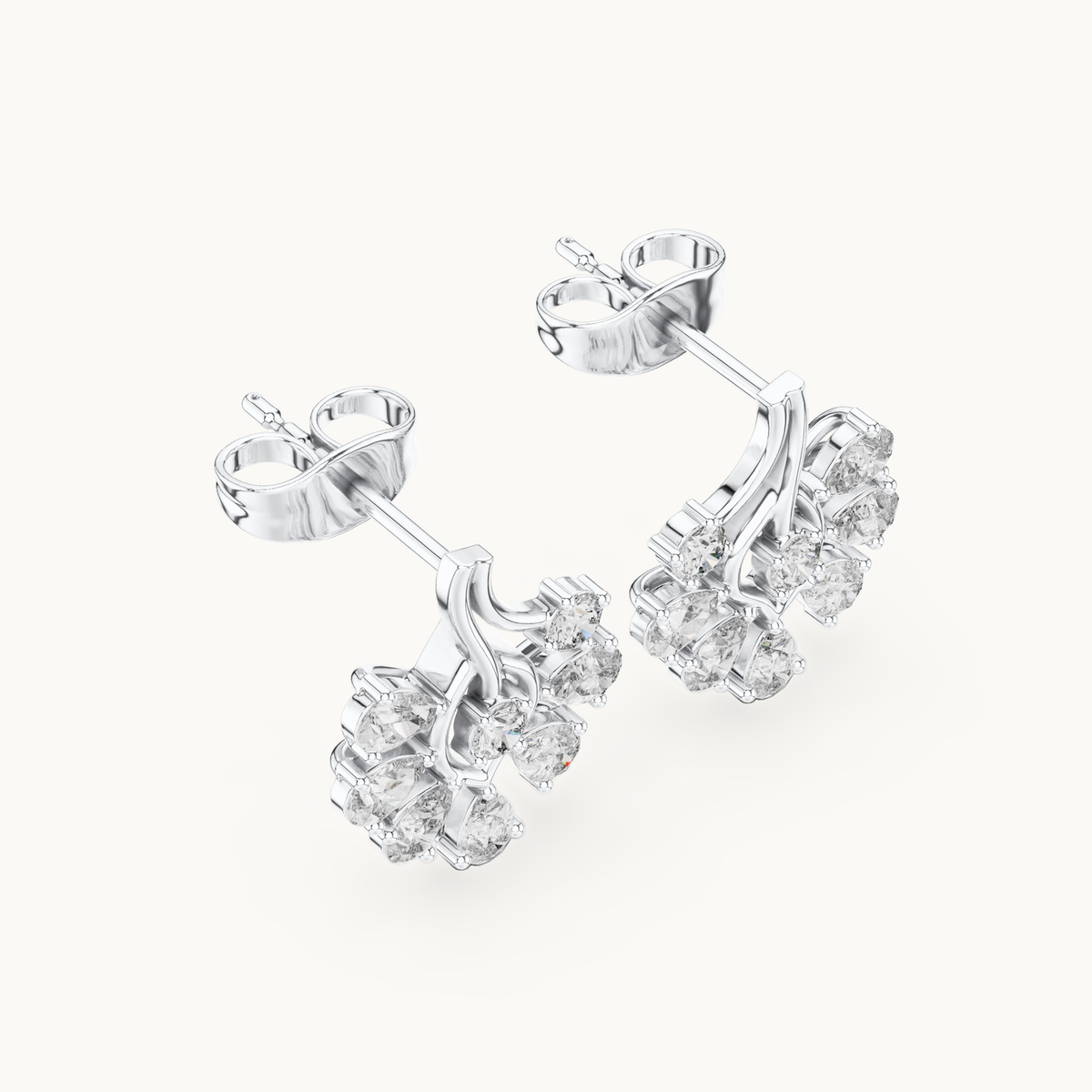 Pear and round lab-grown diamond flower cluster stud earrings in 14K white gold, 0.64 CT TW, view 2