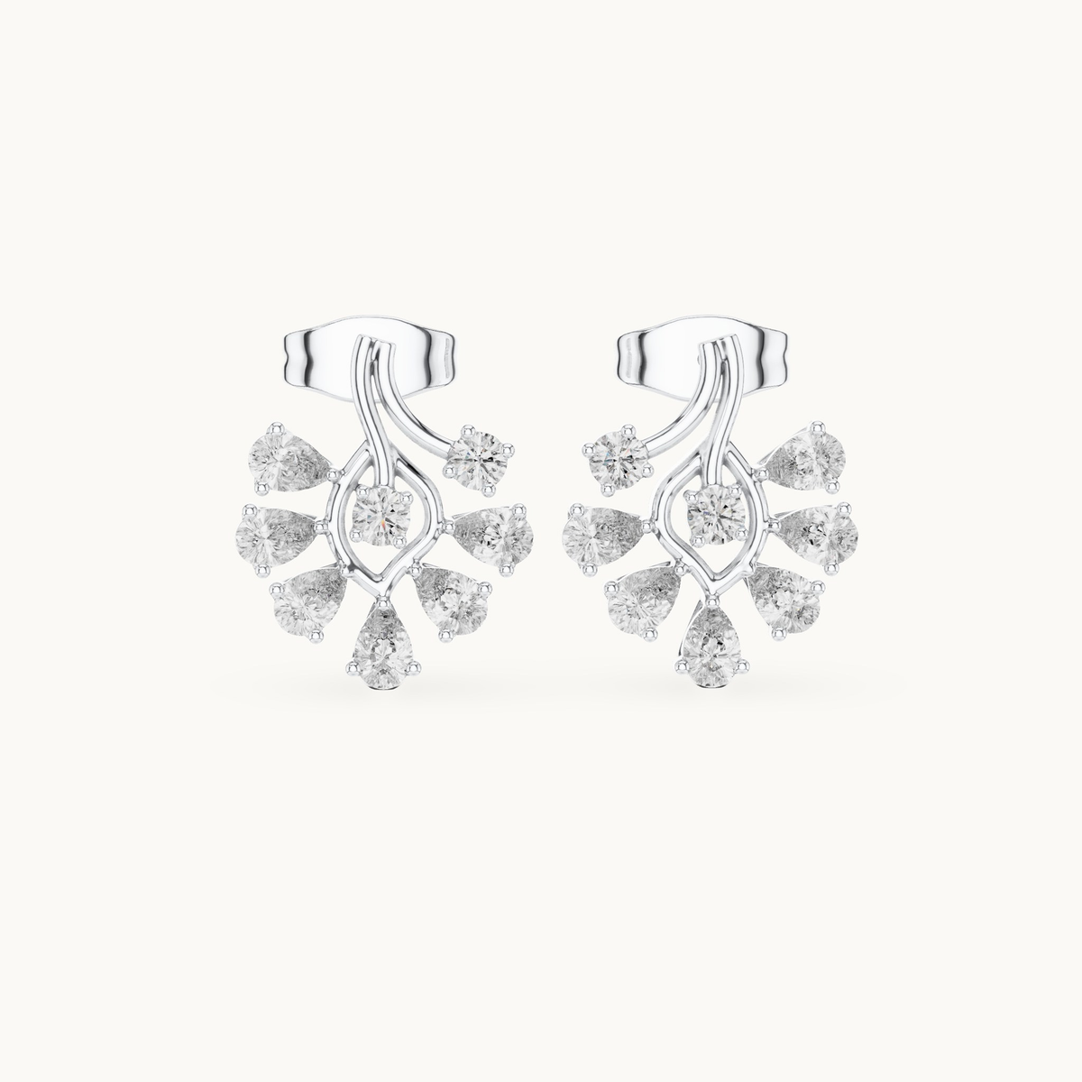Pear and round lab-grown diamond flower cluster stud earrings in 14K white gold, 0.64 CT TW, view 4