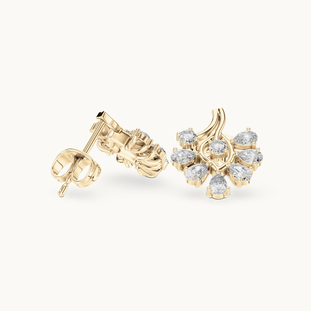 Pear and round lab-grown diamond flower cluster stud earrings in 14K yellow gold, 0.64 CT TW, view 1
