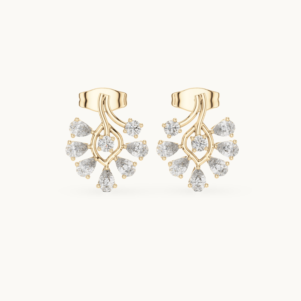 Pear and round lab-grown diamond flower cluster stud earrings in 14K yellow gold, 0.64 CT TW, view 4