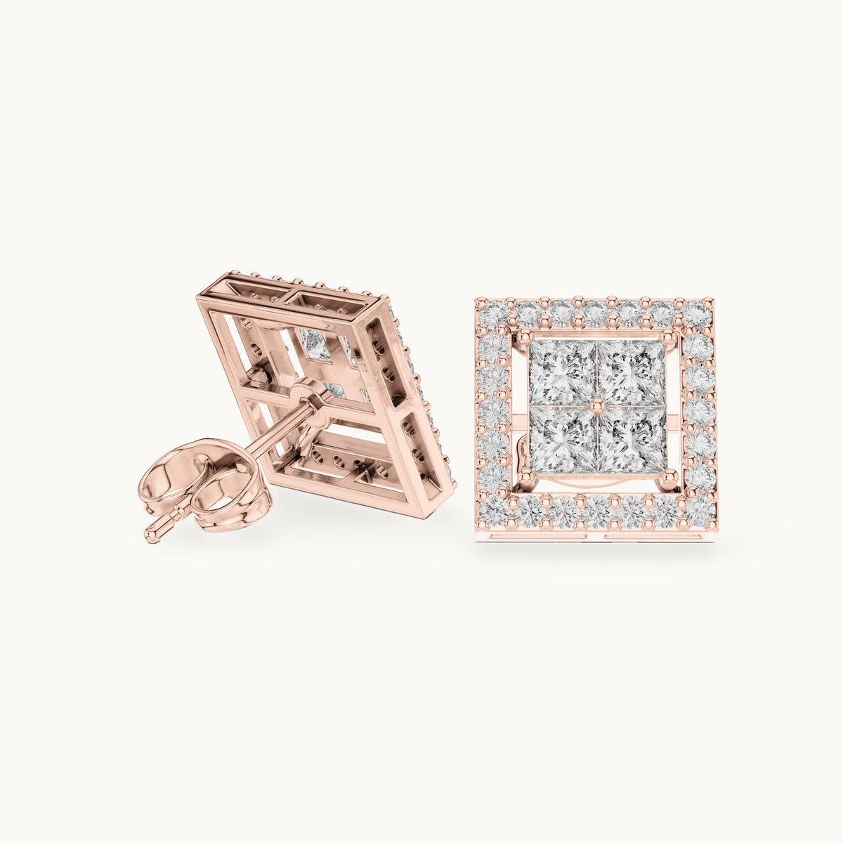 Princess-cut and round lab-grown diamond square halo stud earrings in rose gold, 1.66 CT TW, view 1