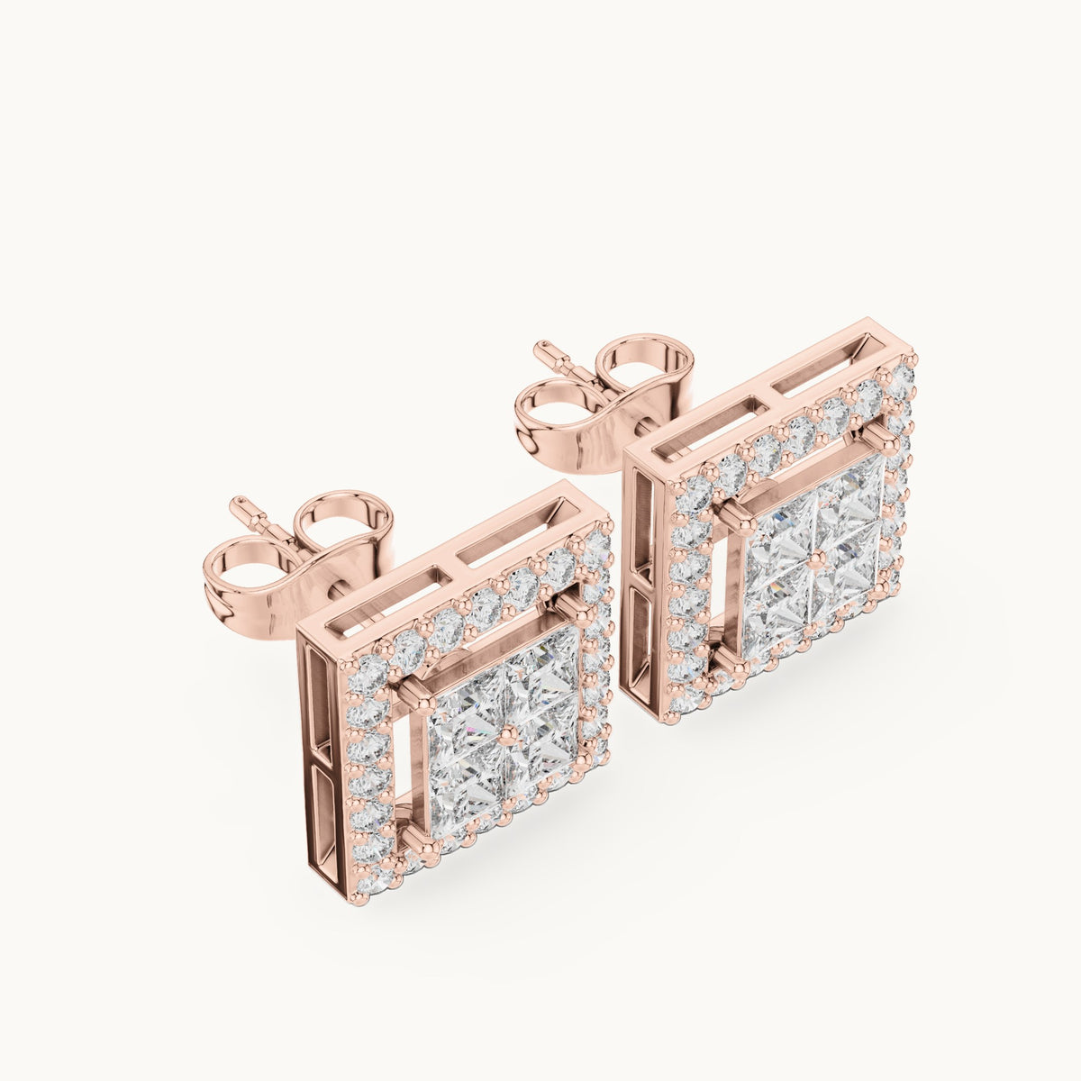 Princess-cut and round lab-grown diamond square halo stud earrings in rose gold, 1.66 CT TW, view 2