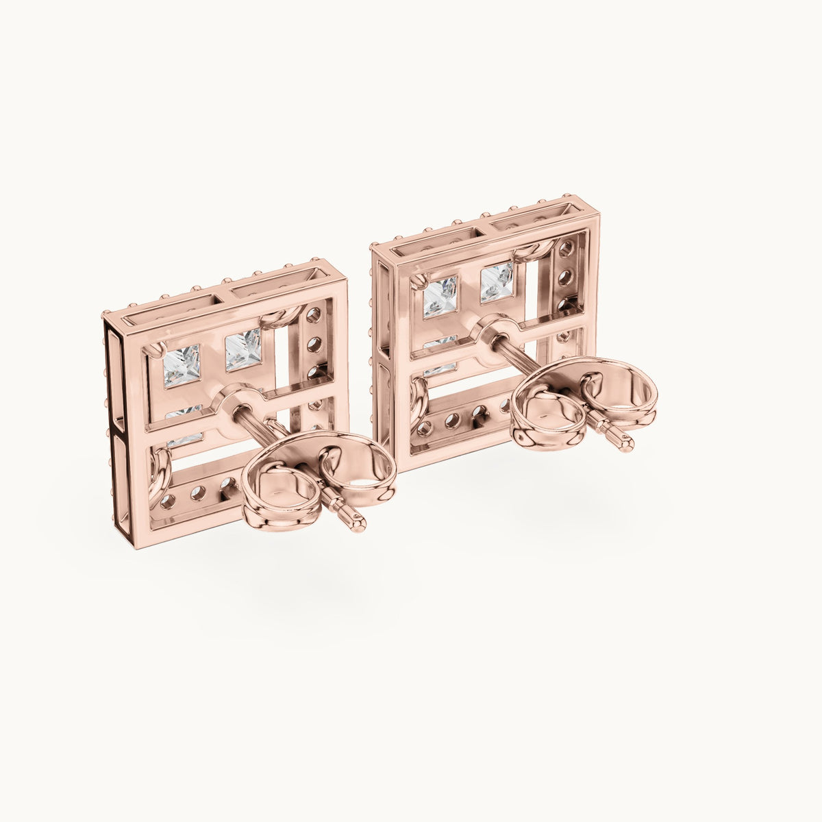 Princess-cut and round lab-grown diamond square halo stud earrings in rose gold, 1.66 CT TW, view 3