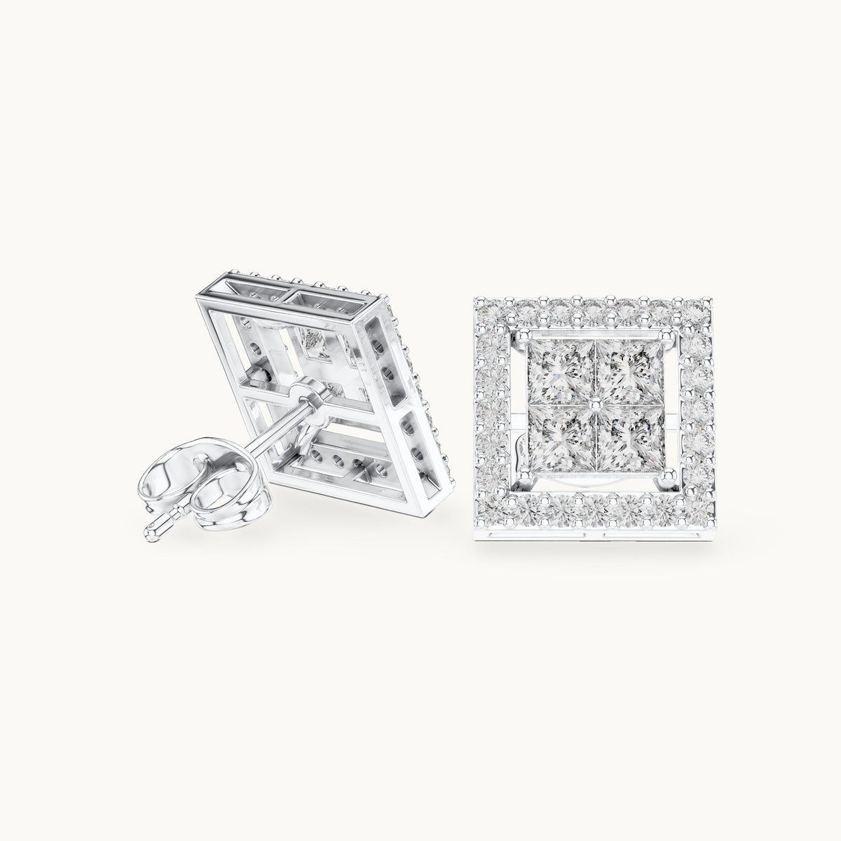 Princess-cut and round lab-grown diamond square halo stud earrings in white gold, 1.66 CT TW, view 1