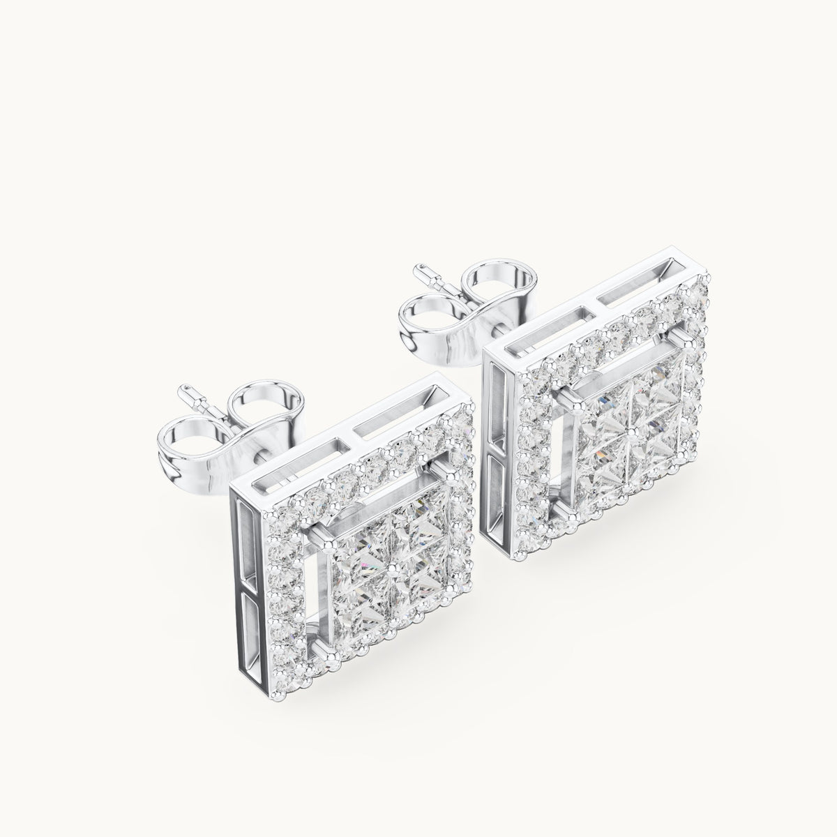 Princess-cut and round lab-grown diamond square halo stud earrings in white gold, 1.66 CT TW, view 2