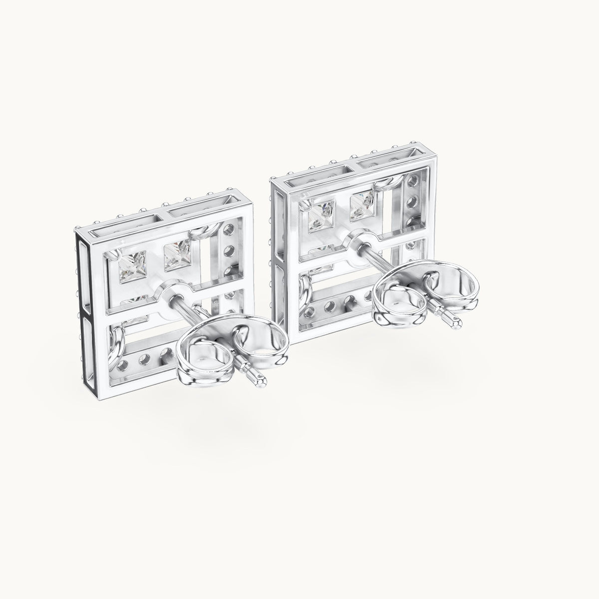 Princess-cut and round lab-grown diamond square halo stud earrings in white gold, 1.66 CT TW, view 3