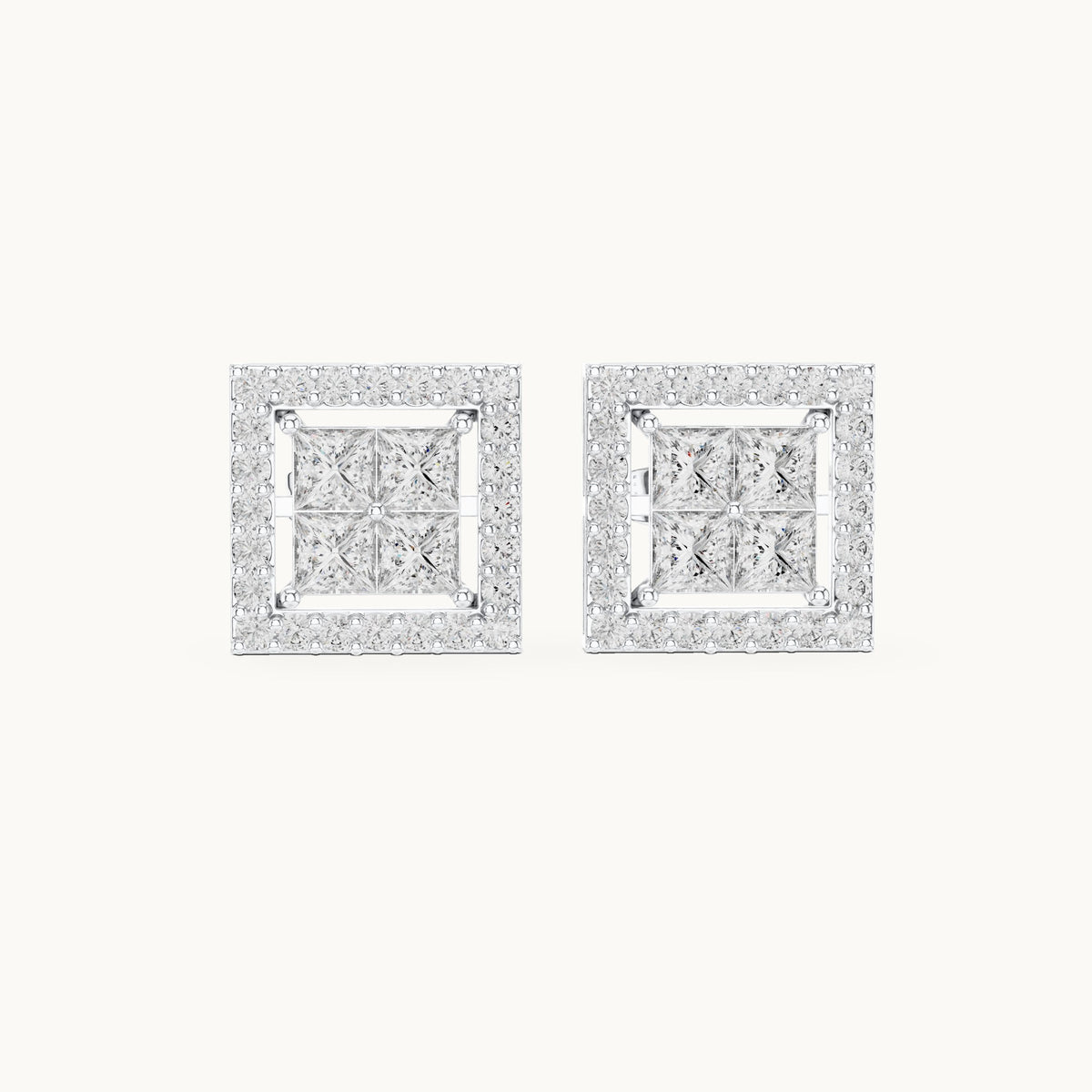 Princess-cut and round lab-grown diamond square halo stud earrings in white gold, 1.66 CT TW, view 4