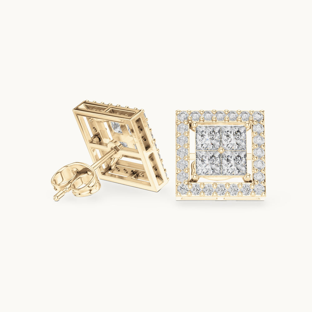 Princess-cut and round lab-grown diamond square halo stud earrings in yellow gold, 1.66 CT TW, view 1