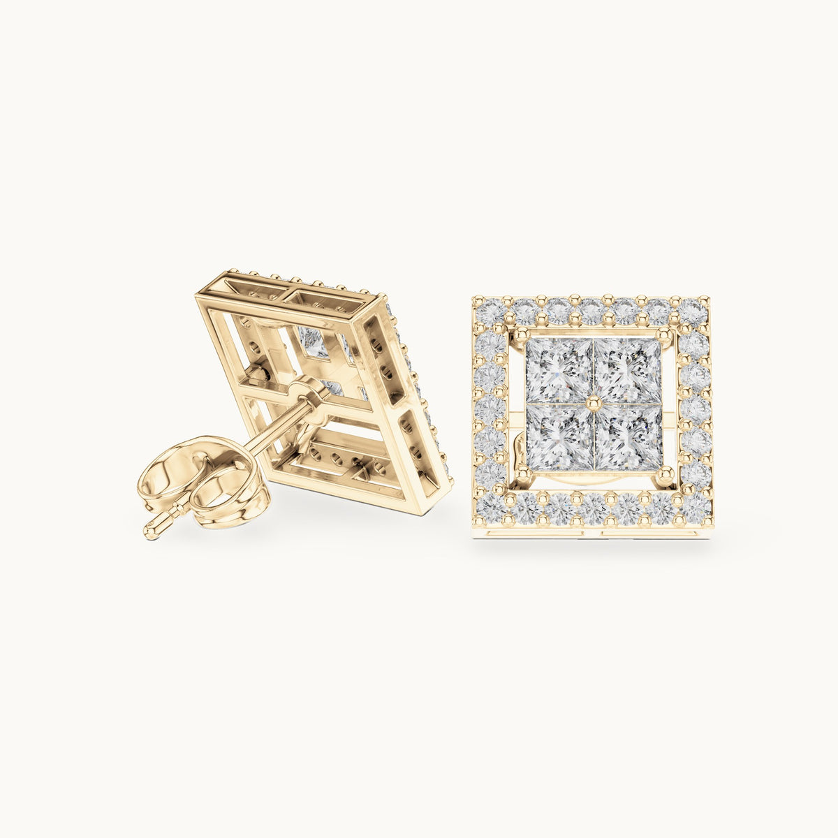 Princess-cut and round lab-grown diamond square halo stud earrings in yellow gold, 1.66 CT TW, view 1