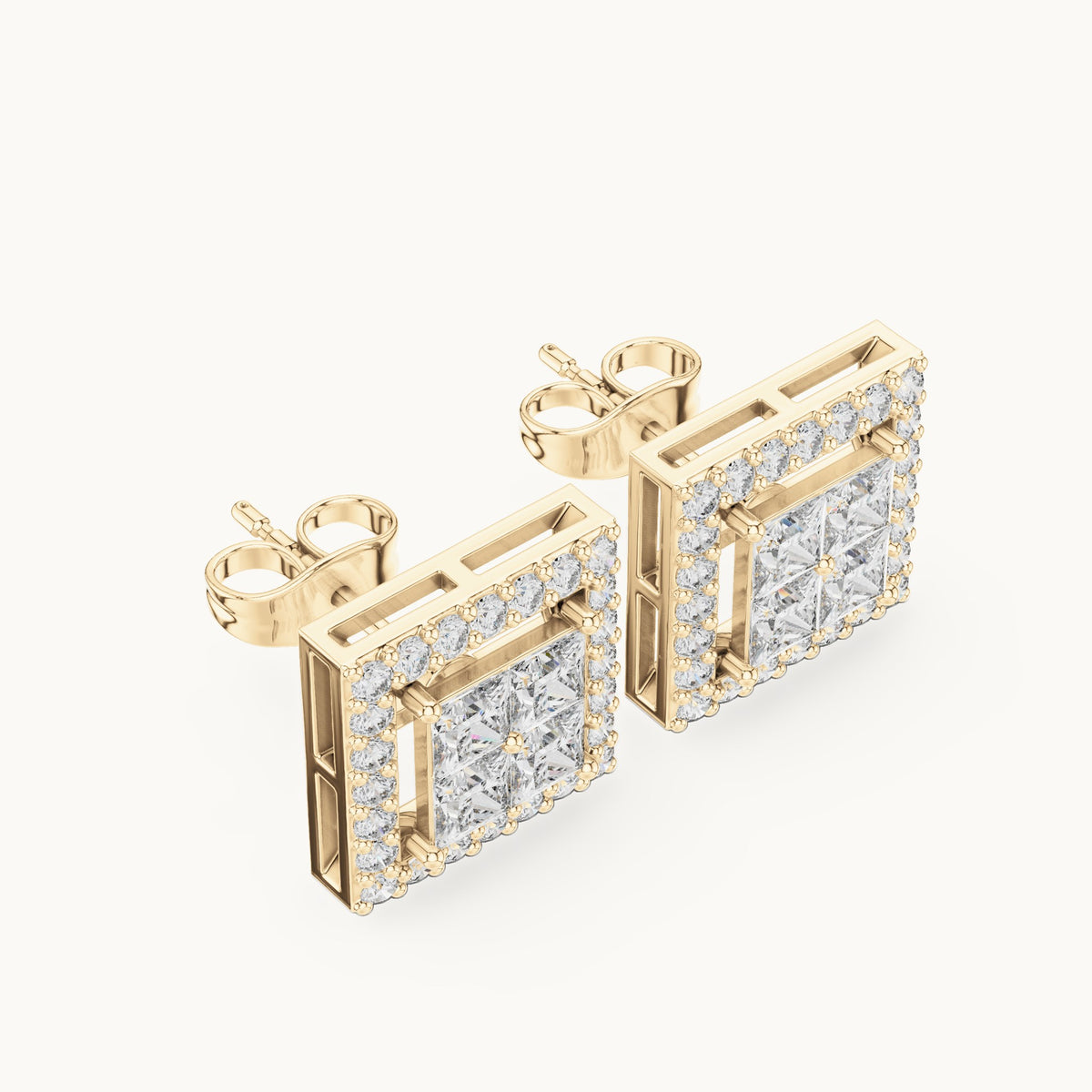 Princess-cut and round lab-grown diamond square halo stud earrings in yellow gold, 1.66 CT TW, view 2