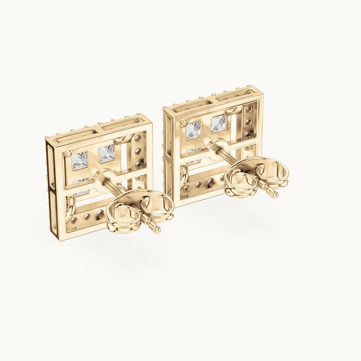 Princess-cut and round lab-grown diamond square halo stud earrings in yellow gold, 1.66 CT TW, view 3