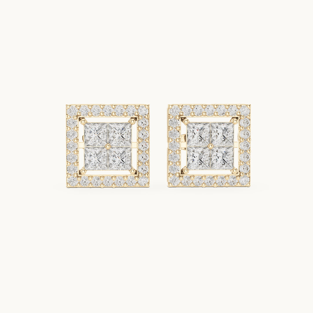 Princess-cut and round lab-grown diamond square halo stud earrings in yellow gold, 1.66 CT TW, view 4